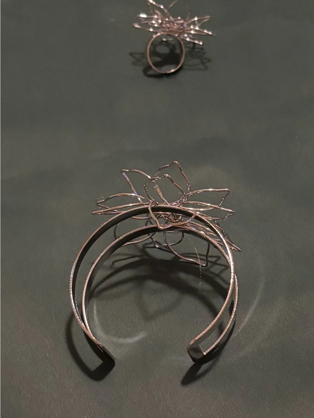 Sterling Silver, Black, and Gold Floral Wire Open Cuff Bracelets  -with ring set